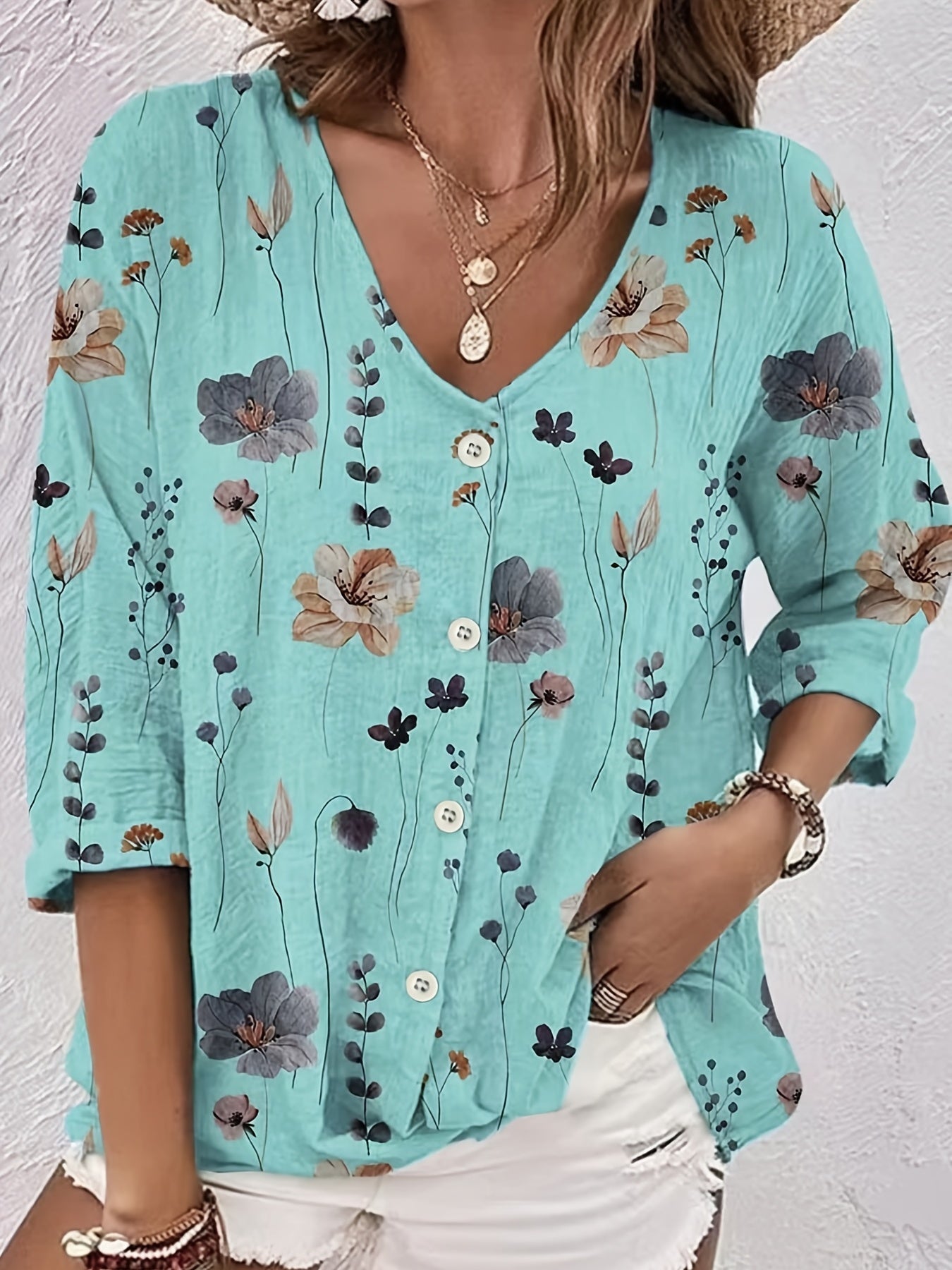 Floral Print Long Sleeve Blouse Plus Size