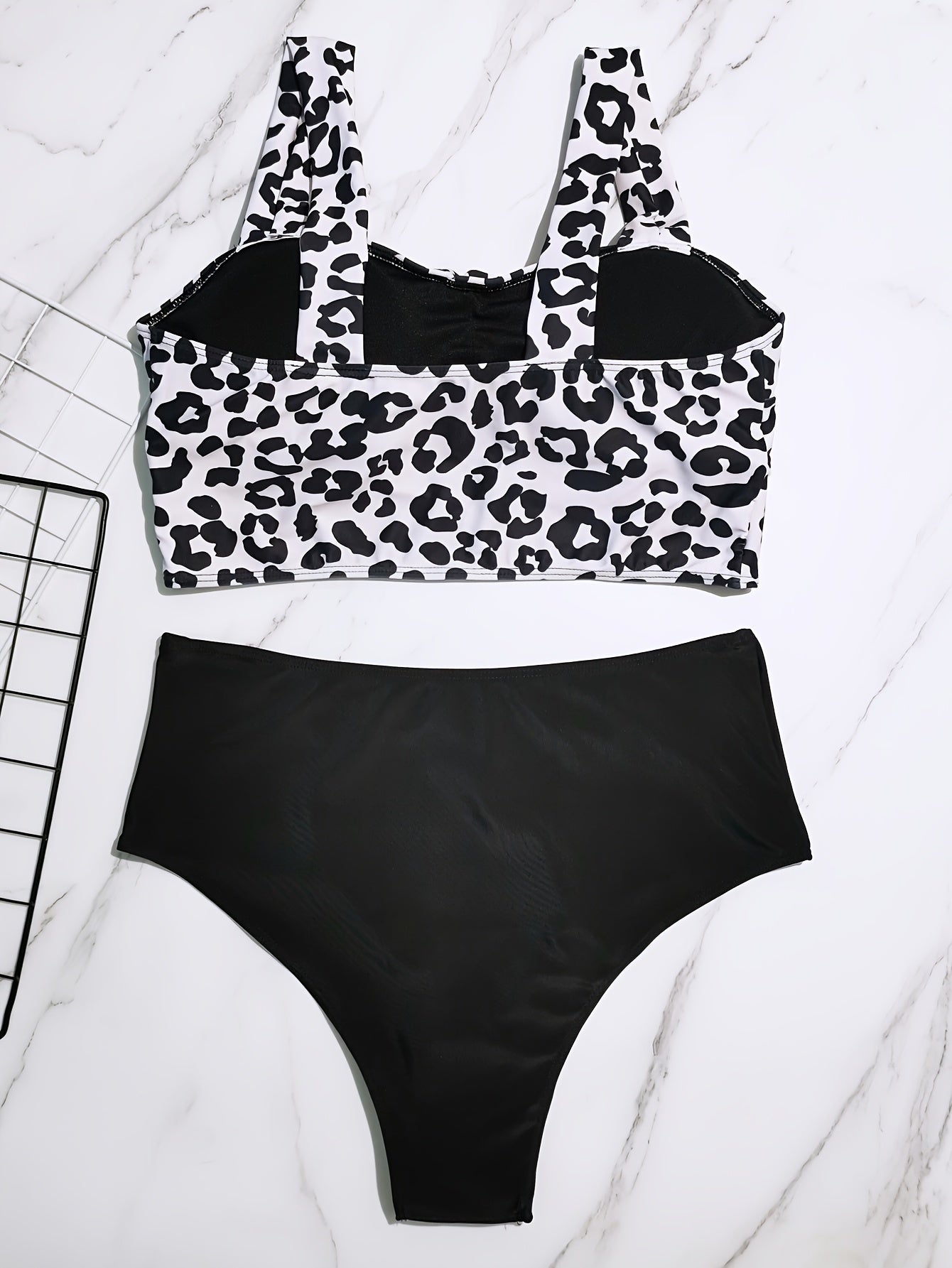 Leopard Print Ruched Bra & Solid High Rise Panty Swimsuit Set