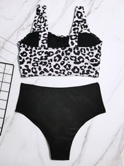 Leopard Print Ruched Bra & Solid High Rise Panty Swimsuit Set