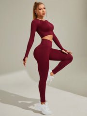 Sports Yoga Suit Round Neck Long Sleeves & Hip Lifting Leggings Set
