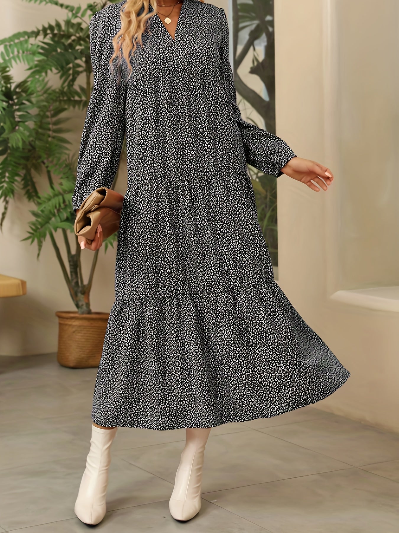 Leopard Print Tiered Dress V Neck Long Sleeve Maxi Dress Women's Clothing