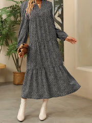 Leopard Print Tiered Dress V Neck Long Sleeve Maxi Dress Women's Clothing