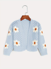 Girls Flower Jacquard Sweater Cardigan Long Sleeve Sweater Coat