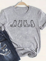 Cat Graphic Short Sleeve Top Round Neck Sports Running T shirt Women's Clothing