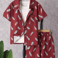 Boy's Feather Pattern Outfit 2pcs Short Sleeve Shirt & Shorts Set