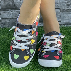 Colorful Heart Print Breathable Skate Shoes Casual Flat Canvas Sneakers
