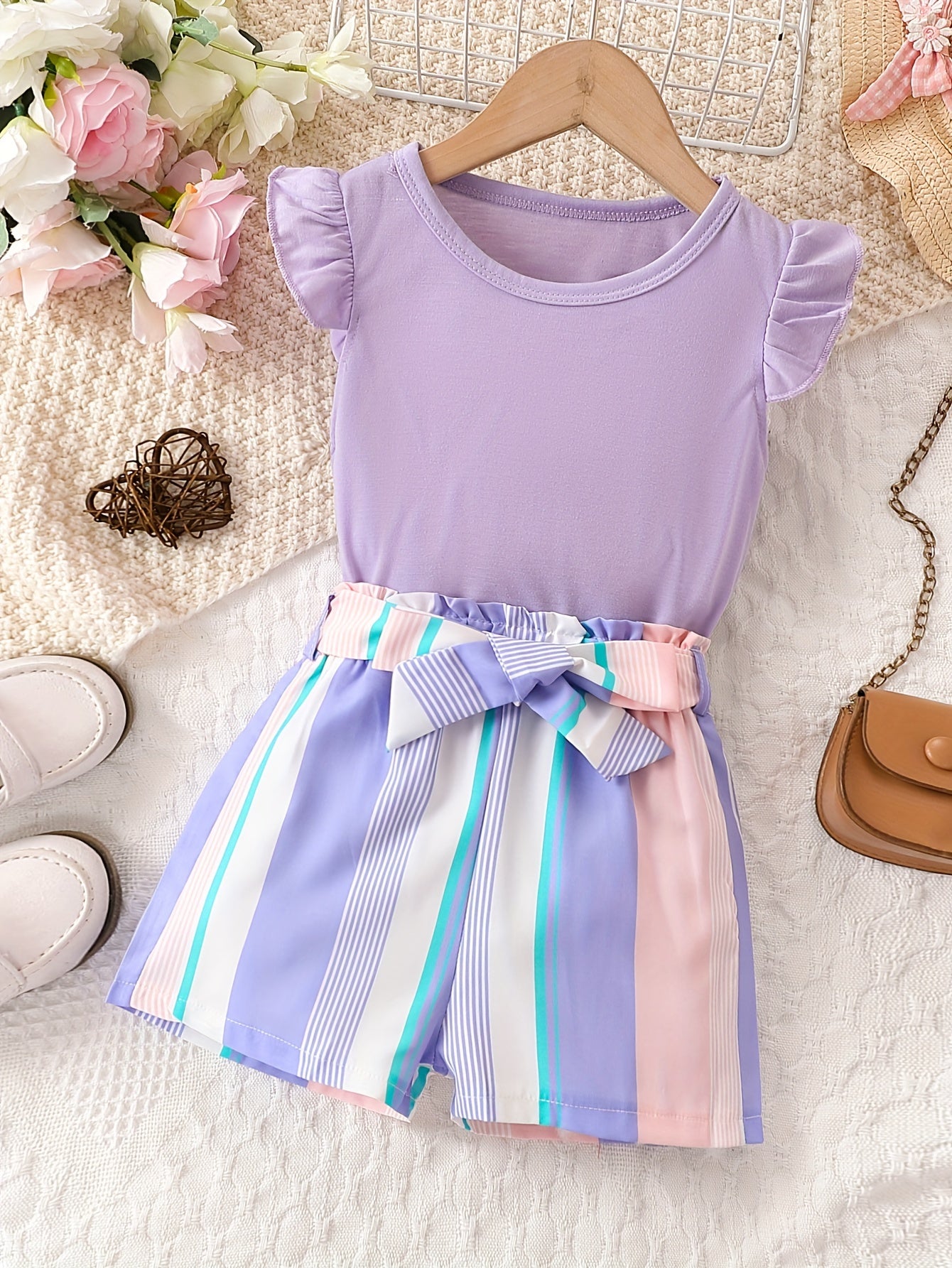 Girls Ruffled Sleeves Tee & Stripe Shorts Set