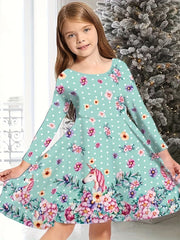 Christmas Night Graphic Long Sleeve Dress Girls Crew Neck Dresses