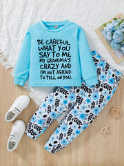 2pcs Girls Long Sleeve T Shirt BE CAREFUL WHAT Print Round Neck Tops