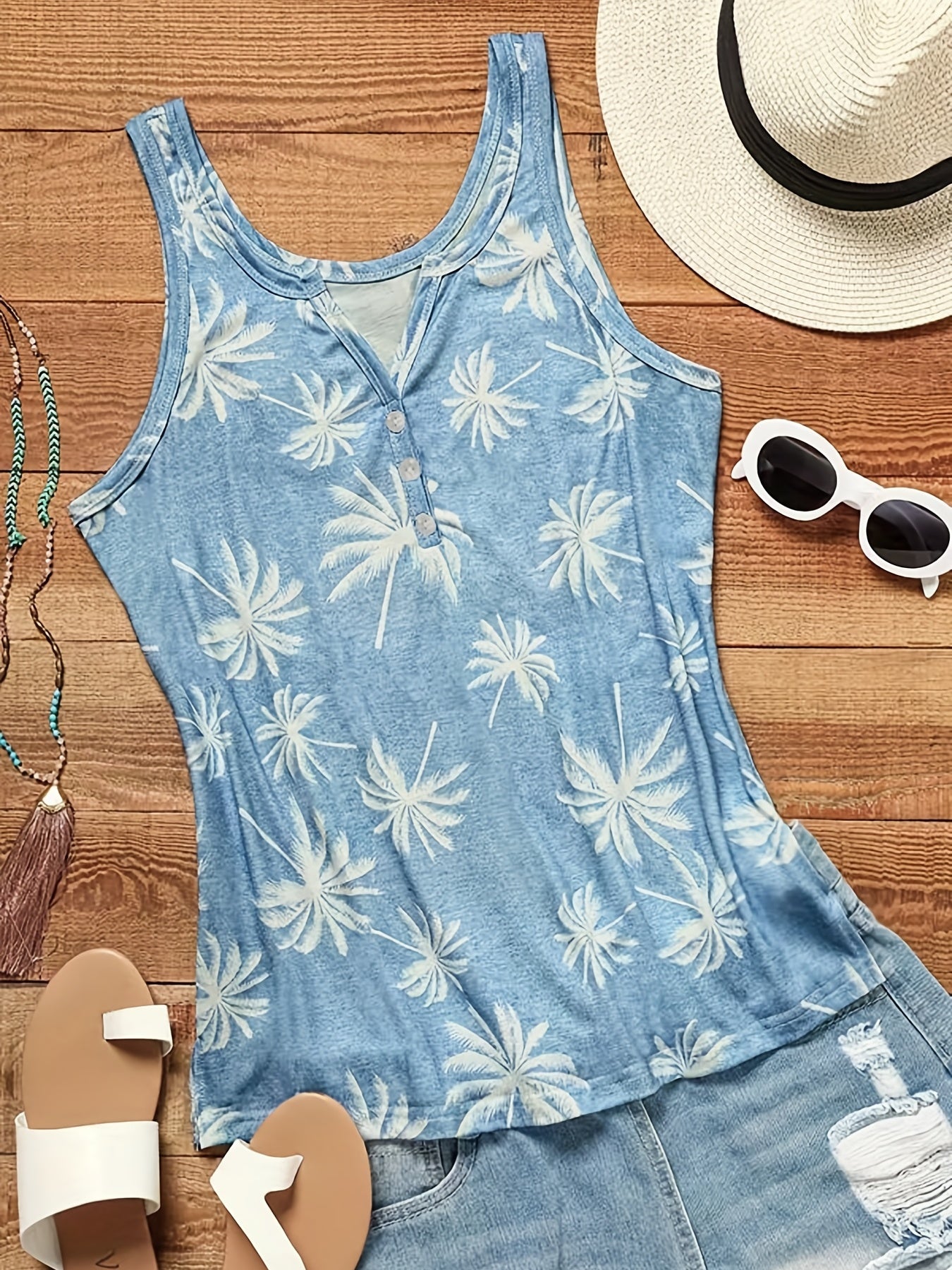 Tree Print V Neck Tank Top Women's Plus Vacay Tank