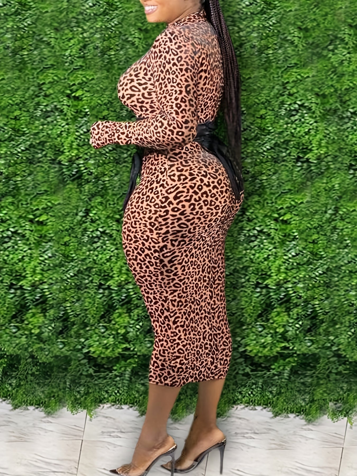 Leopard Print High Neck Bodycon Dress Women's Plus Medium