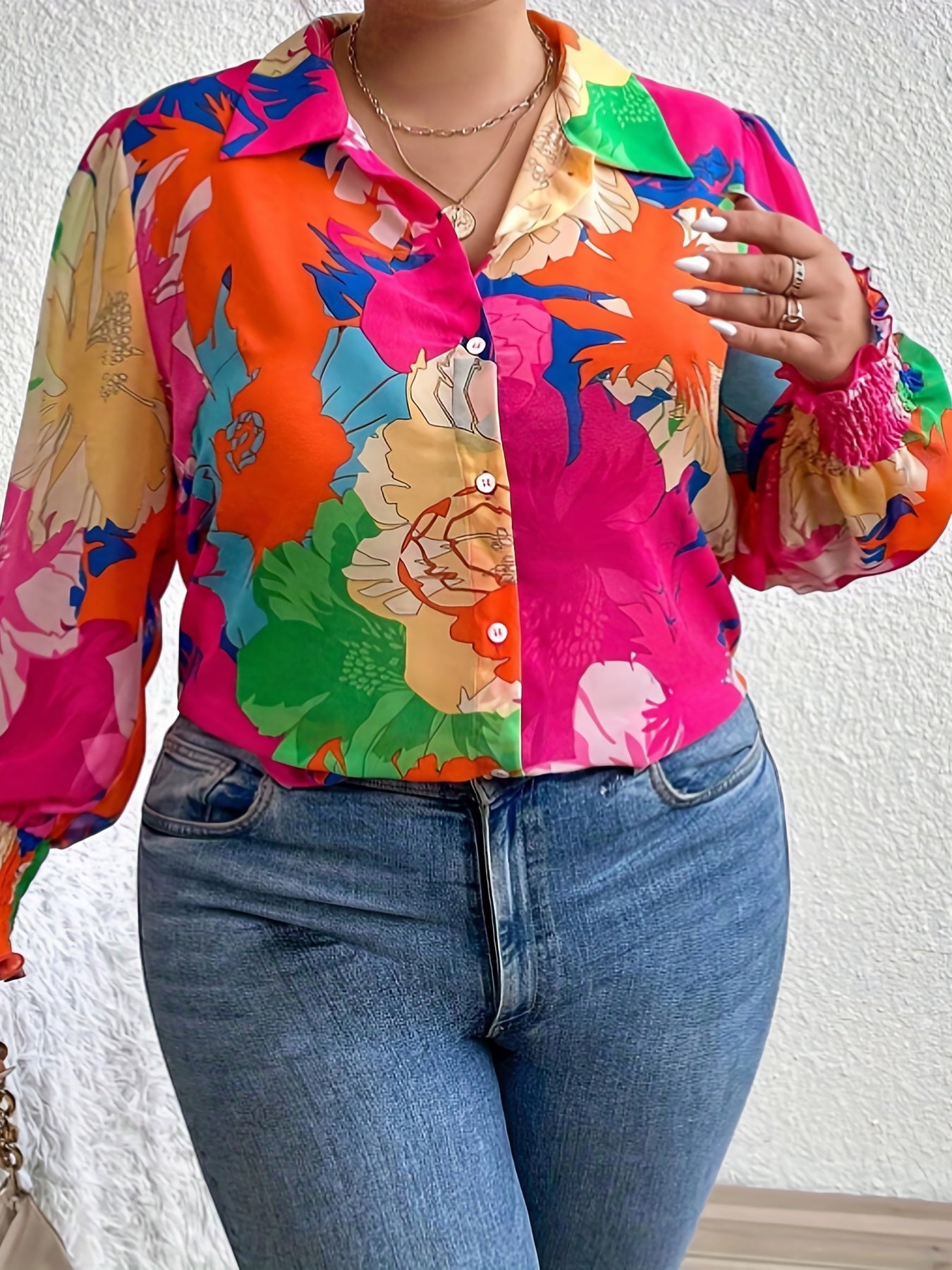 Contrast Floral Print Long Sleeve Shirt Top