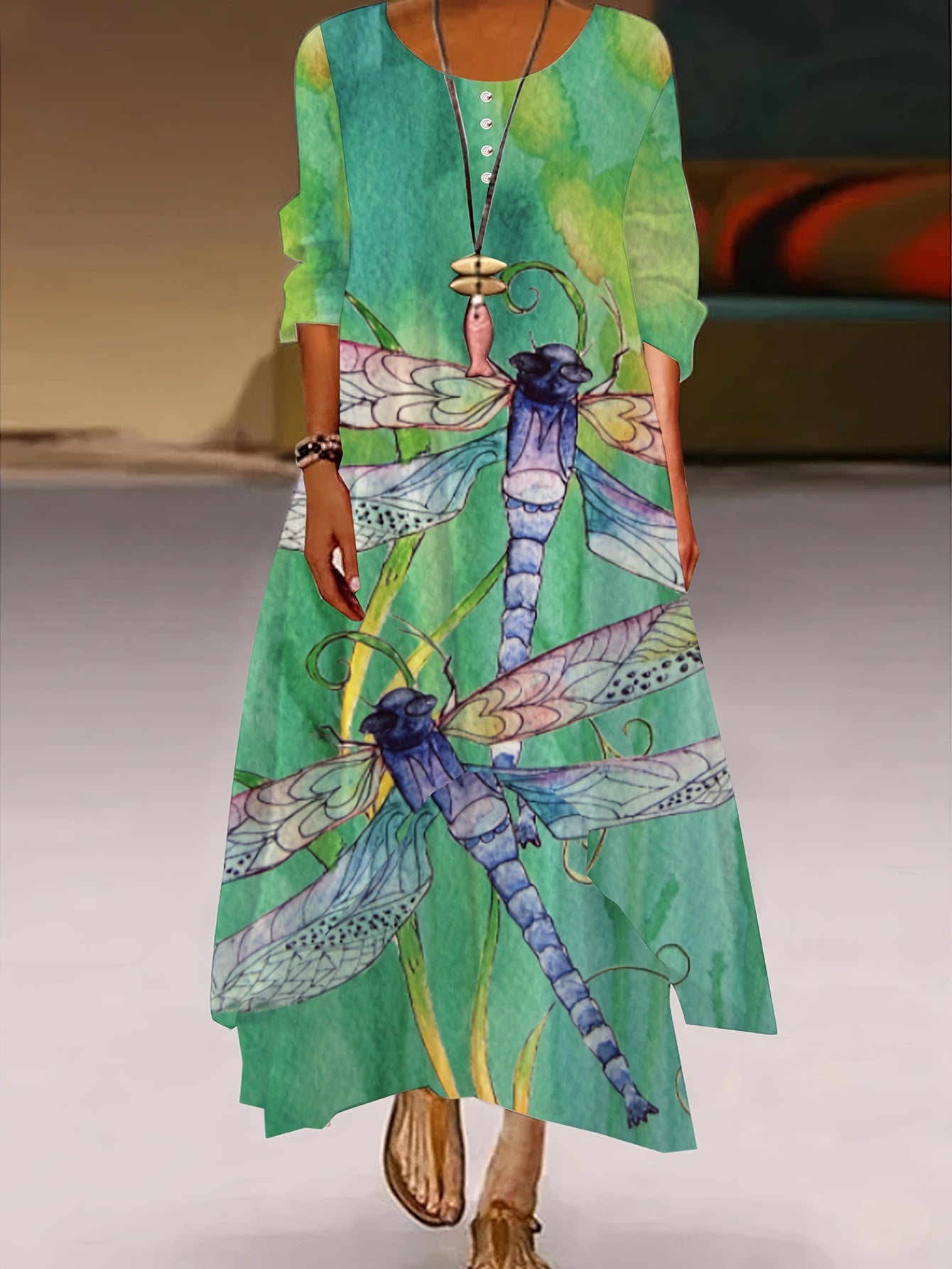 Dragonfly Print Roll Up Sleeve Round Neck Dress