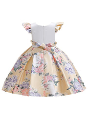Girls Princess Dress Flying Sleeves Flowers Print Ruffles Performance Dress