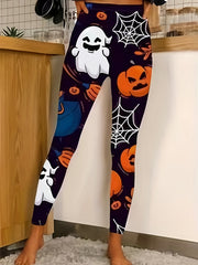 Halloween Leggings Ghost Pumpkin Spider Web Print High Rise