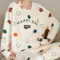 Bear Print Pajama Set Long Sleeve Crew Neck Top & Pants Women's Sleepwear
