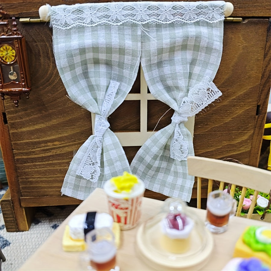 Dollhouse Daisy Curtain Decor Mixed Floral and Gingham Patterns Tiny Scene DIY