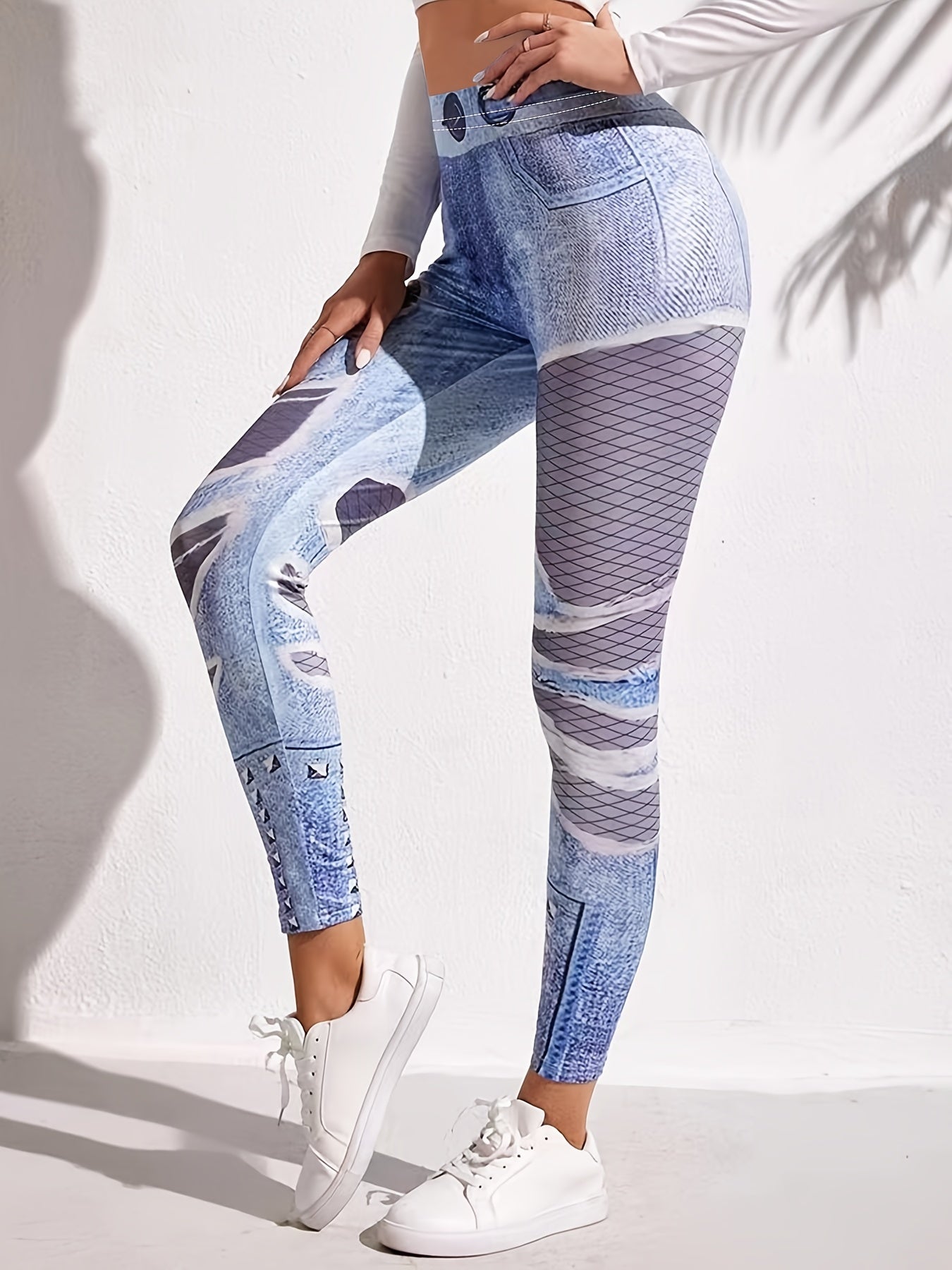 Denim Print High Waist Leggings Casual Butt Lifting Skinny Leggings