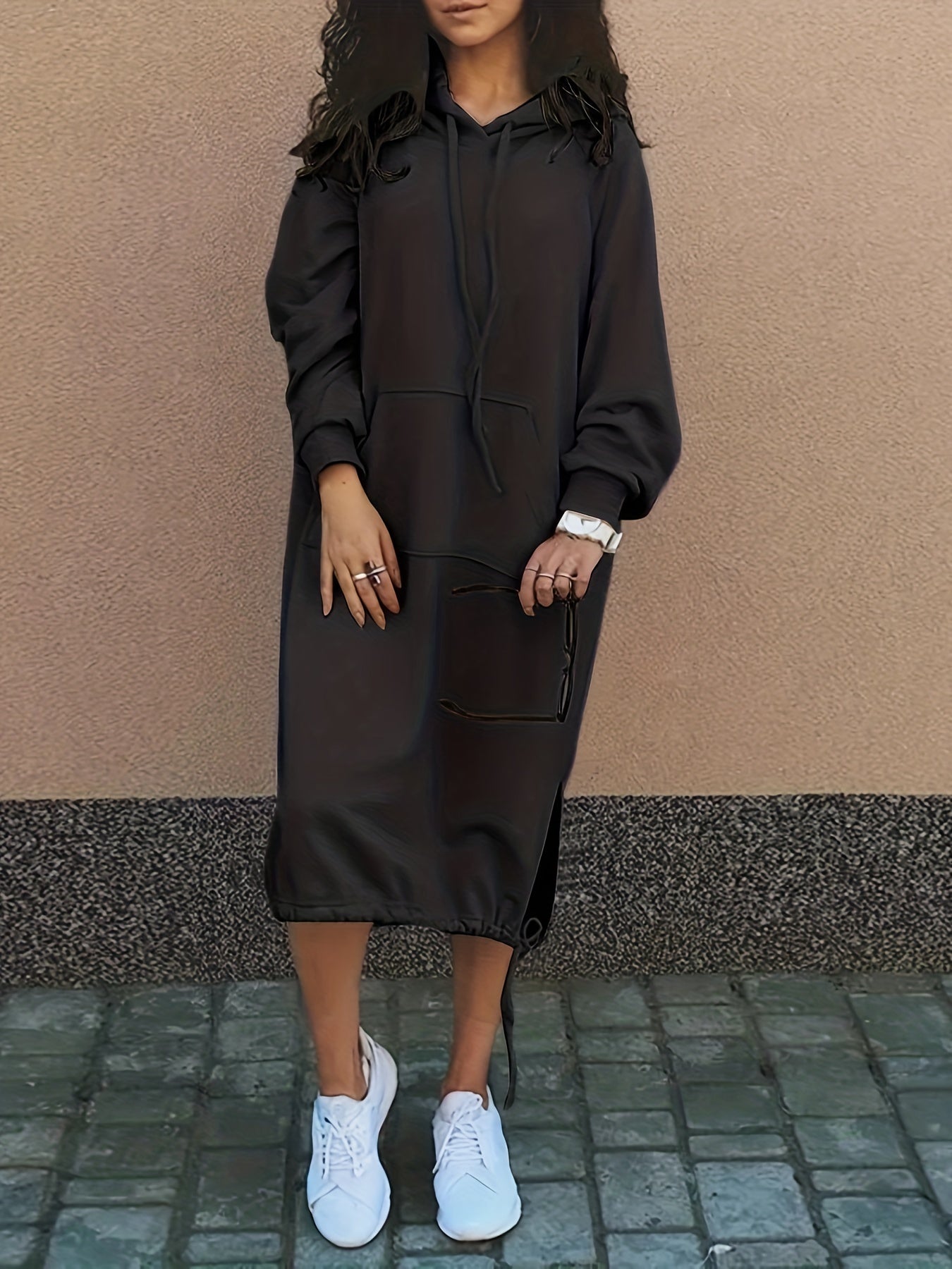 Solid Long Sleeve Hooded Sweatshirt Dress With Pockets