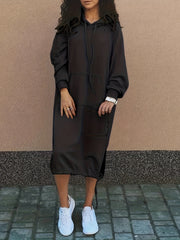 Solid Long Sleeve Hooded Sweatshirt Dress With Pockets