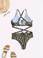 Leopard Print Bikini Set Crisscross Back Tie Bra & Panty Swimsuit
