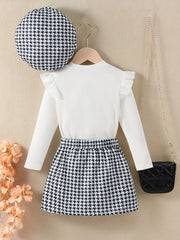 Girl's 3pcs Ribbed Top & Beret Hat & Houndstooth Skirt Set