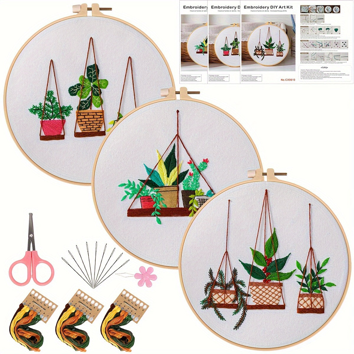 3pcs Green Plants Cactus Embroidery Kit with Hoop 20.07cm
