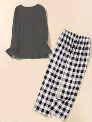 Heart Graphic Tee & Plaid Print Pants Pajamas Set