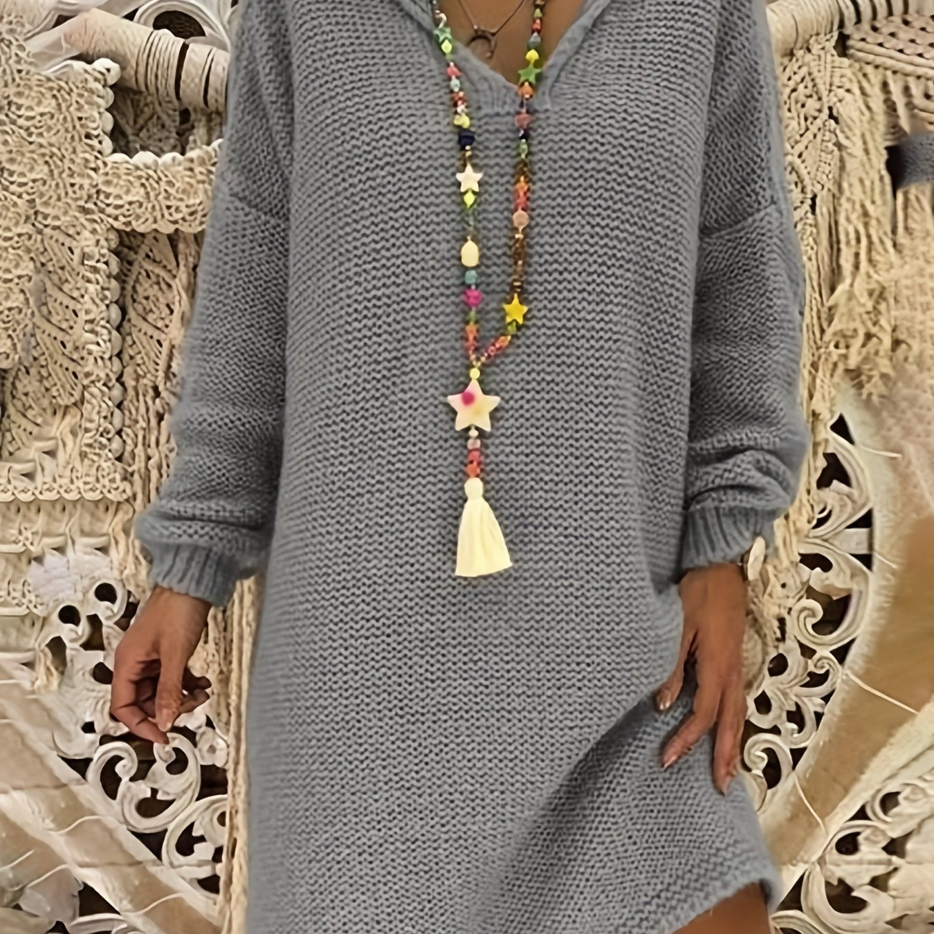 Solid Drop Shoulder Long Sleeve V Neck Knit Hooded Dress