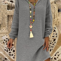 Solid Drop Shoulder Long Sleeve V Neck Knit Hooded Dress