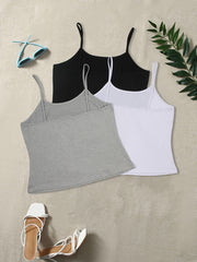 3 Pack Plus Size Sexy Cami Top Set Women's Plus Solid Round Neck Medium Stretch