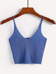 Ribbed Crop Cami Top Backless Slim Spaghetti Strap Crop Top