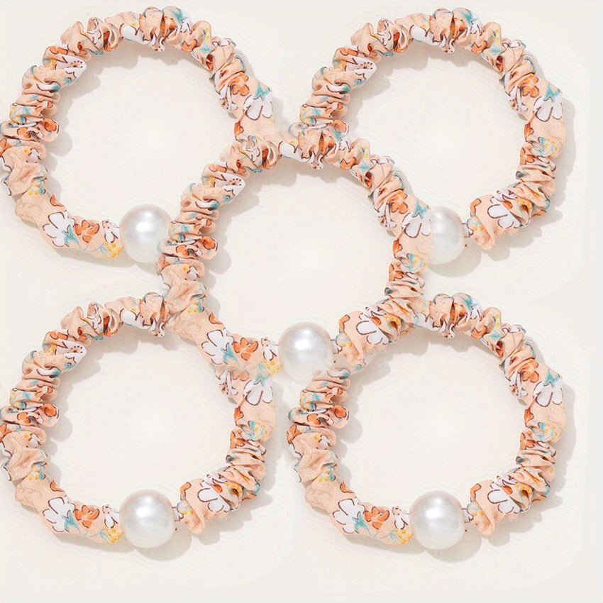 5pcs Floral Pearl Fabric Scrunchie Hair Tie Head Decoration Hair Accessories