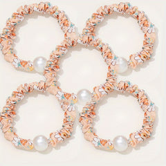 5pcs Floral Pearl Fabric Scrunchie Hair Tie Head Decoration Hair Accessories