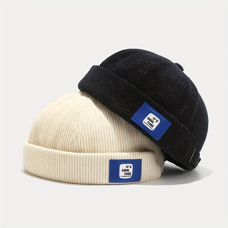 Unisex Corduroy No Brim Beanie Hat With Label Letter Style