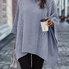 Casual Sweater Women's Plus Solid Cable Bat Sleeve Turtle Neck Jumper