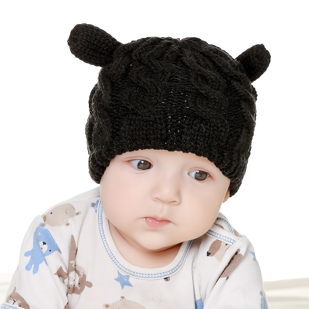 2pcs Baby Boys Bear Ear Beanie Knitted Hat And Gloves Set