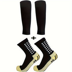 Men's Grip Soccer Socks And Shin Guard Set Non Slip Calf Sleeves