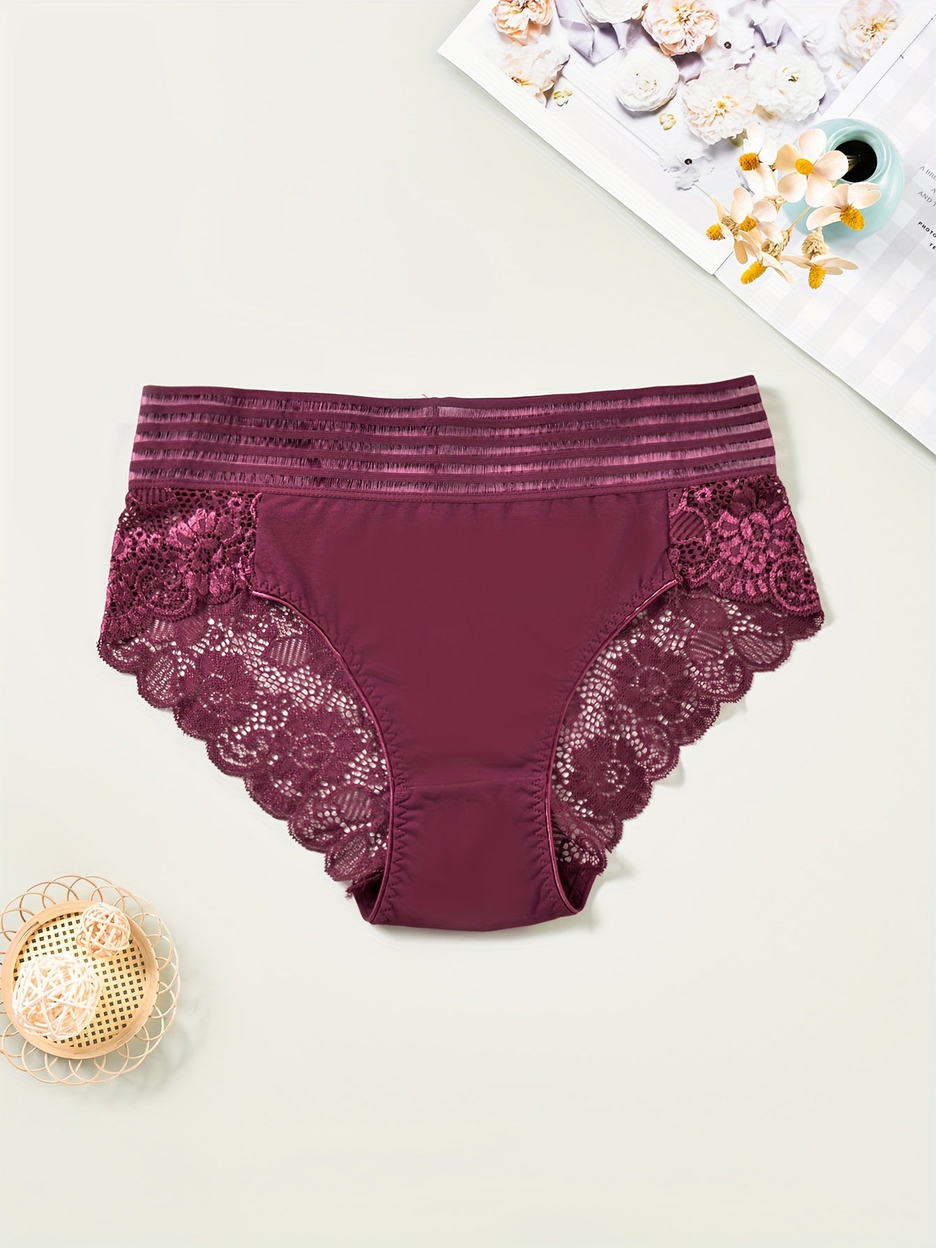 3 Pack Plus Size Lace Striped High Waist Briefs Set