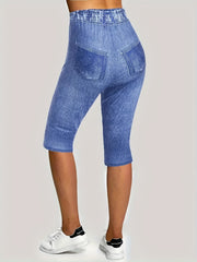 Denim & Sunflower Print Sports Leggings Women's Clothing