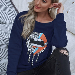 Casual Lip Pattern Print Sweater Crew Neck Top