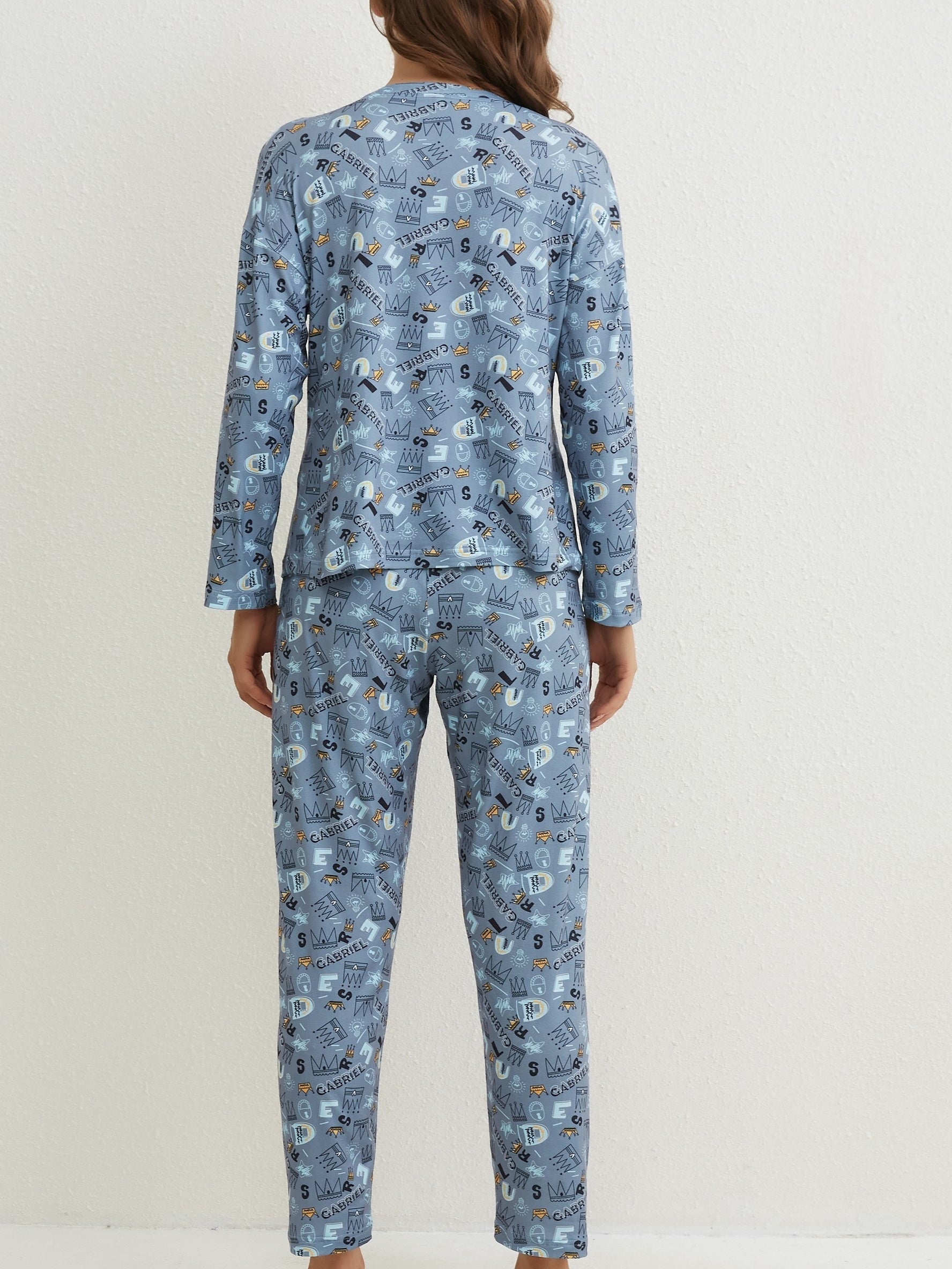 Crown Print Pajamas Set Long Sleeve Top & Pants Sleepwear Women