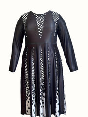 Colorblock Floral & Dot Print Long Sleeve Dress