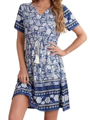 Boho Floral Notched Neck Dress Short Sleeve Drawstring Dress