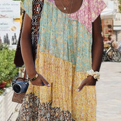 Colorblock Print Short Sleeve Plus Size Dress with Pockets