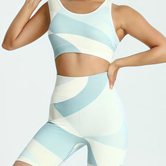 2Pcs Colorblock Sporty Suit Crop Top & Yoga Pant Set Women's Activewear