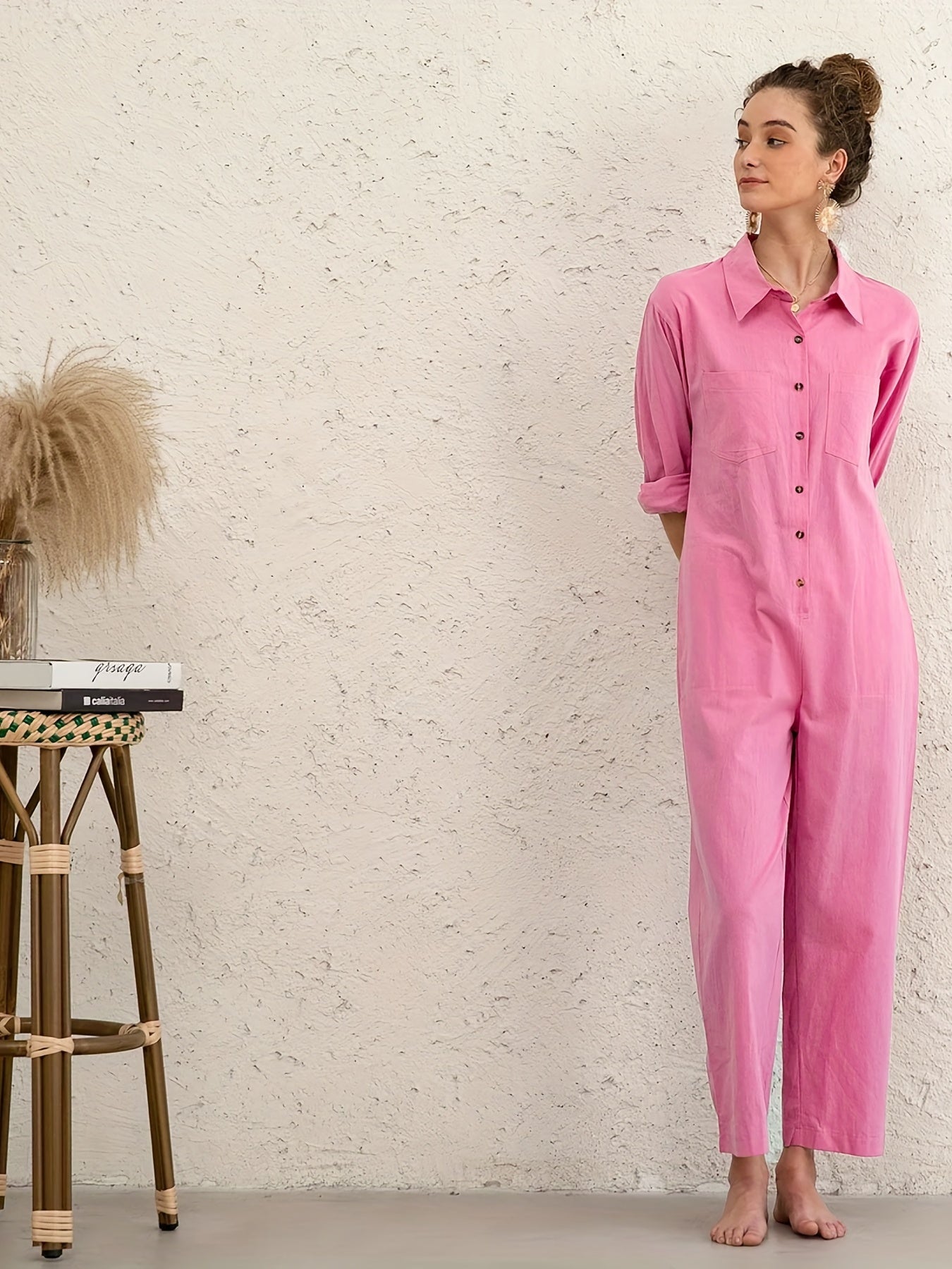 Solid Button Up Long Sleeve Jumpsuit