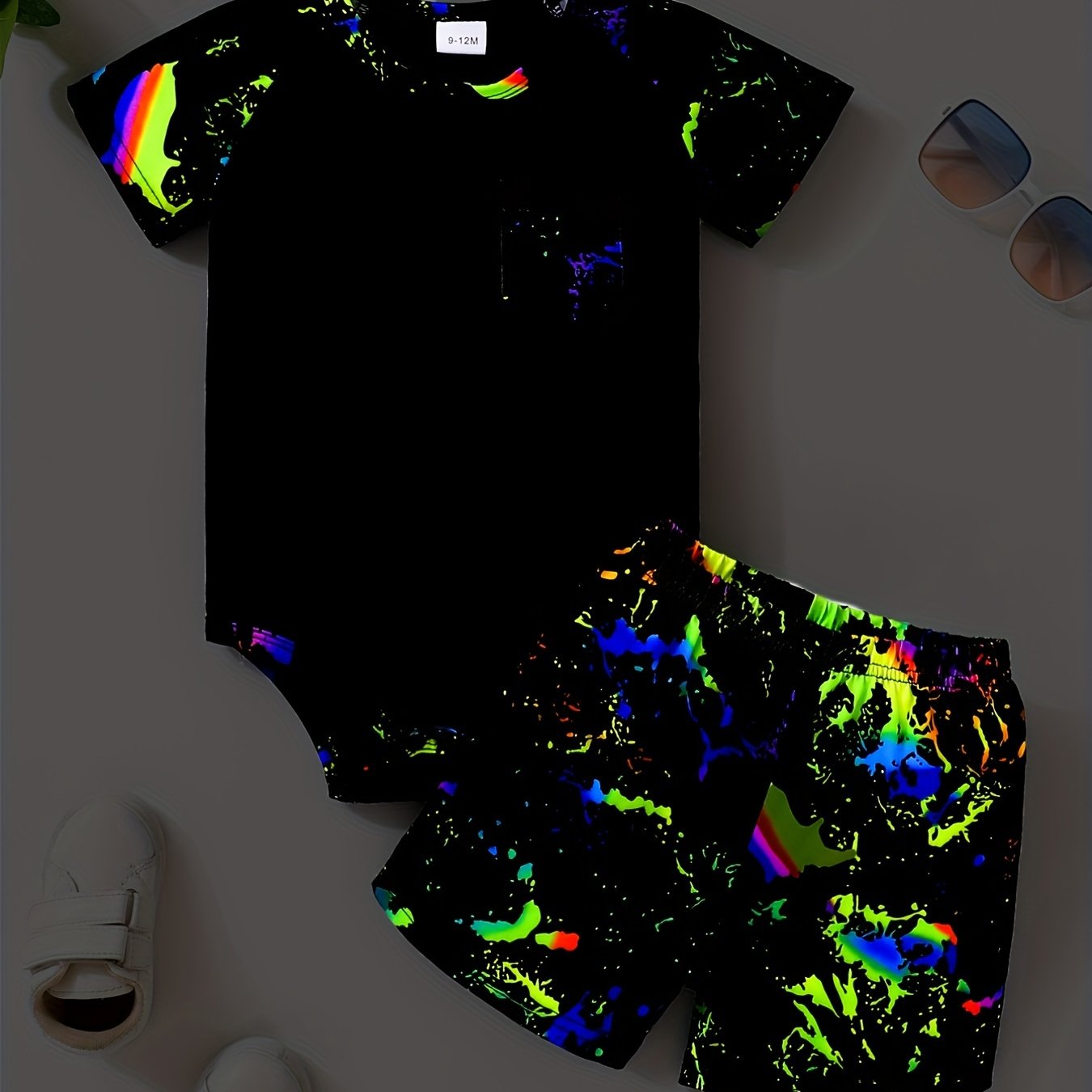 Graffiti Glow In The Dark Print Romper & Shorts Set