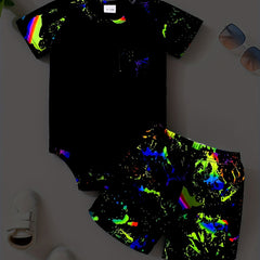 Graffiti Glow In The Dark Print Romper & Shorts Set