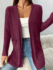 Women's Ribbed Long Sleeve Cardigan With Pockets